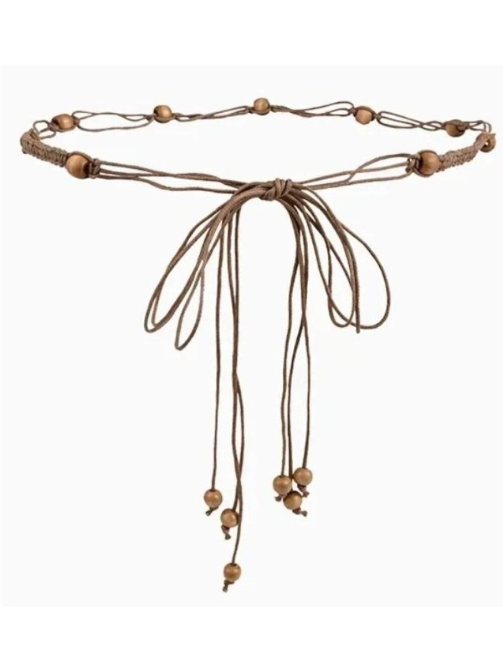 Light Brown Braided Rope Wrap-Around Belt With Wooden Beads
